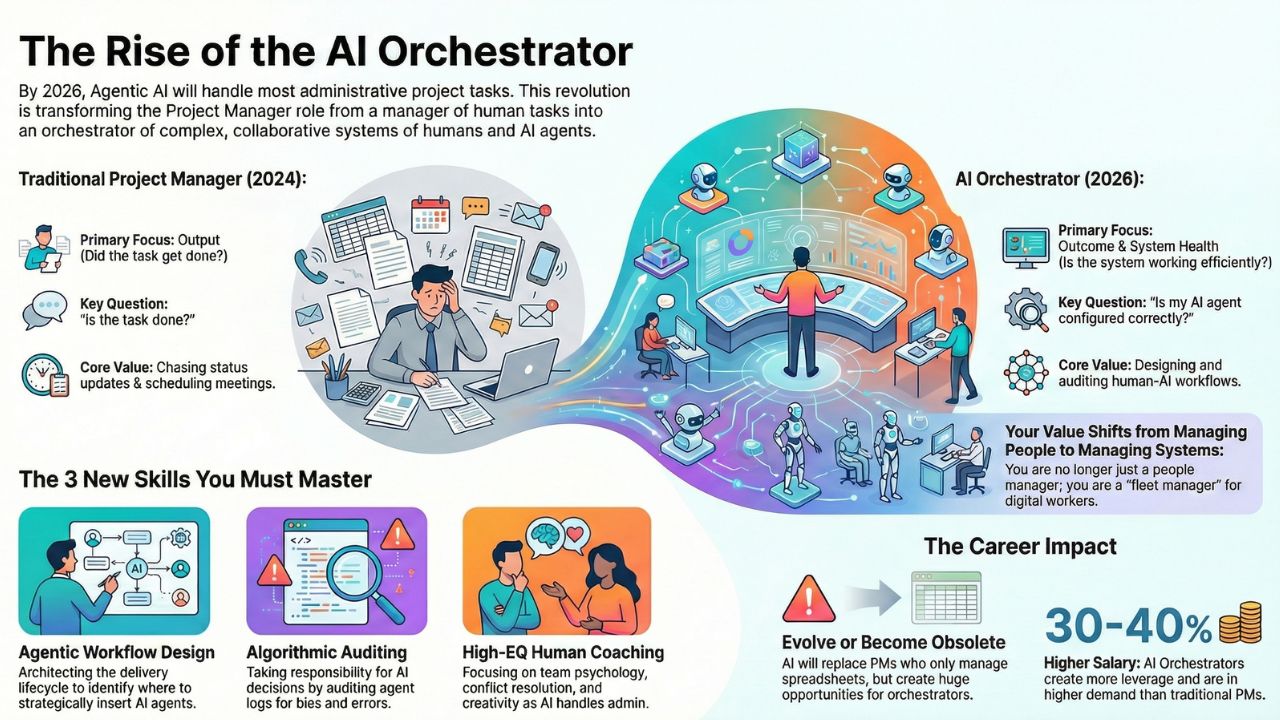 Infographic Agentic AI orchestrator vs traditional project manager