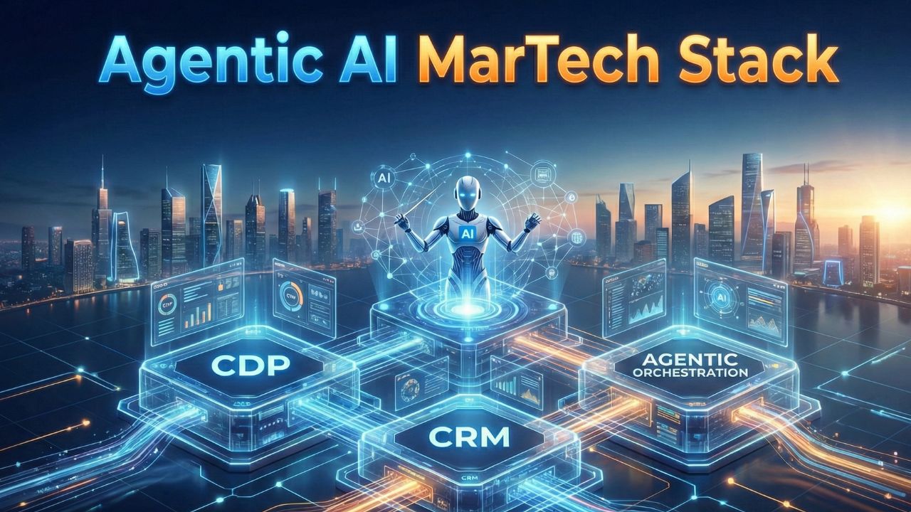 Diagram illustrating the 2026 AI-Native MarTech Stack with CDP at the center connecting Intelligence and Execution Layers