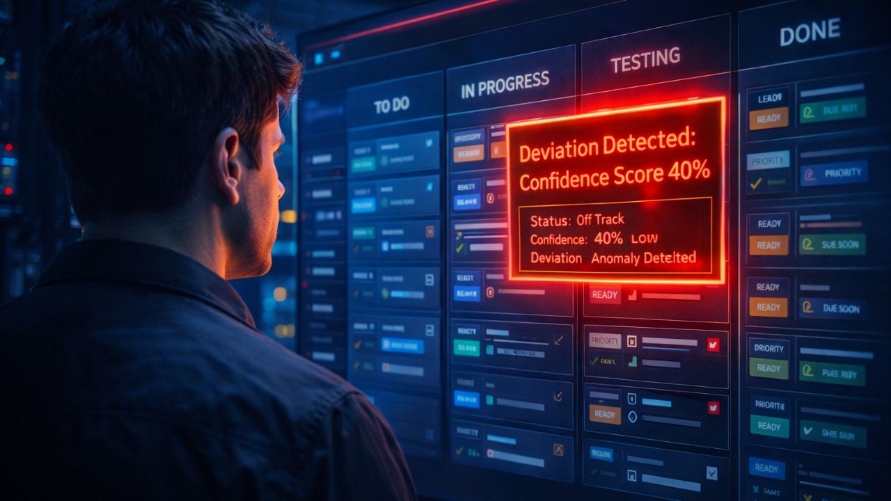 Human developer reviewing AI agent logs on a transparent kanban board during a daily scrum