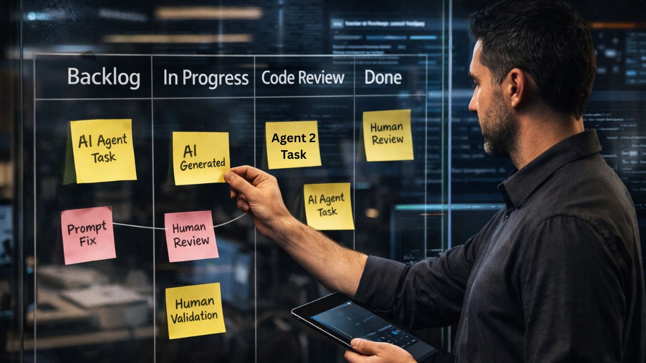 Illustration of a hybrid Scrum board managed by human developers and AI agents