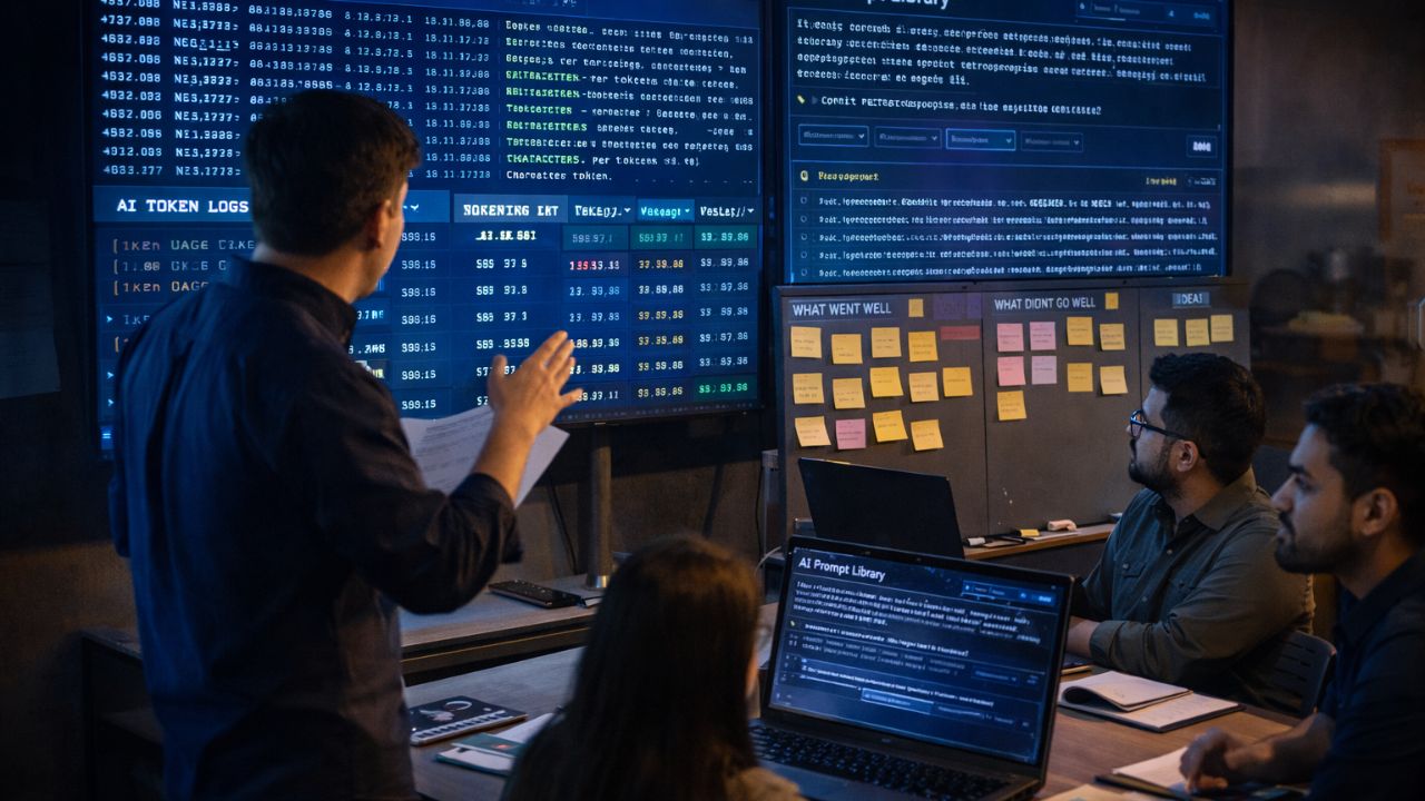 Scrum Master analyzing AI agent token logs and prompt libraries on a digital display during a sprint retrospective