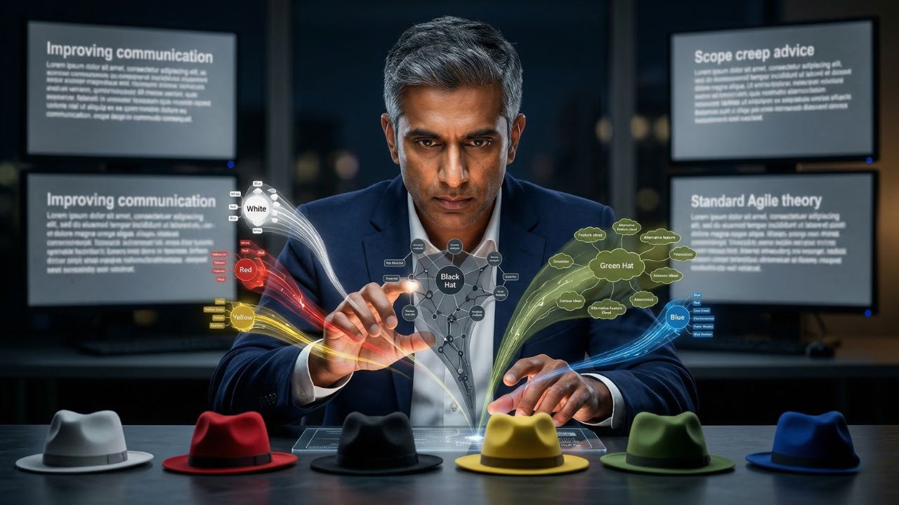 Scrum Master engineering AI prompts using the Six Thinking Hats framework