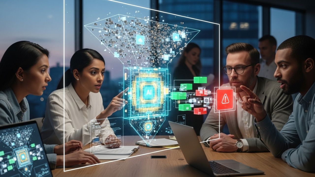 Scrum Master reviewing an AI-generated Daily Scrum dashboard showing team blockers and agent deviations