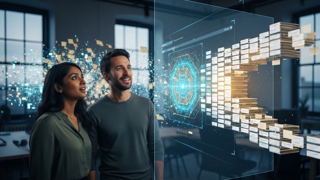 Product Owner and Scrum Master reviewing automated AI backlog priorities on a digital dashboard