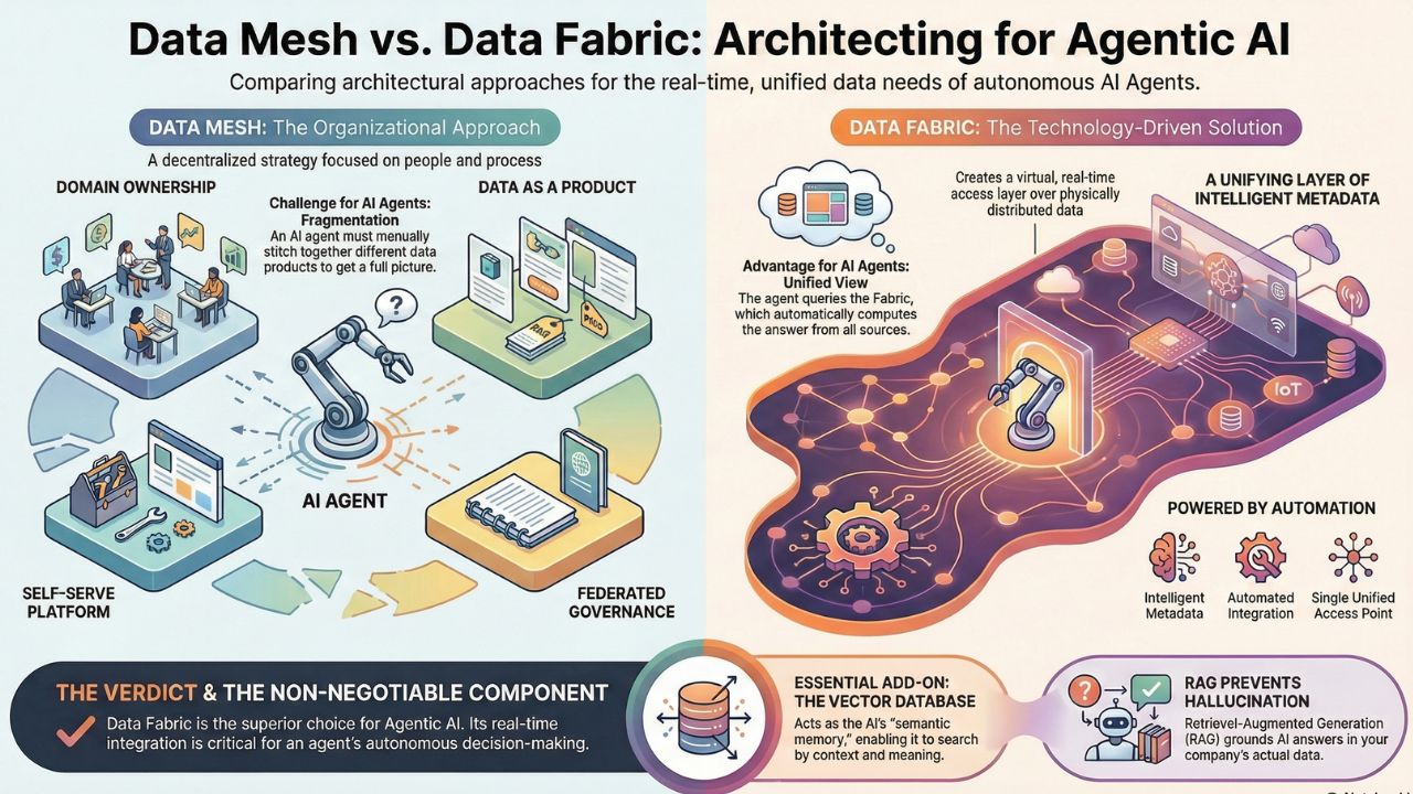 Data Mesh vs Data Fabric architecture diagram for AI