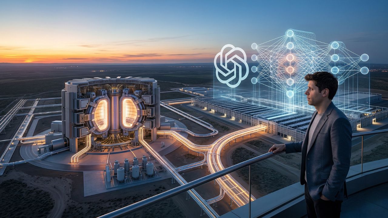 Conceptual illustration of AI and fusion energy representing Sam Altman's strategic moves.