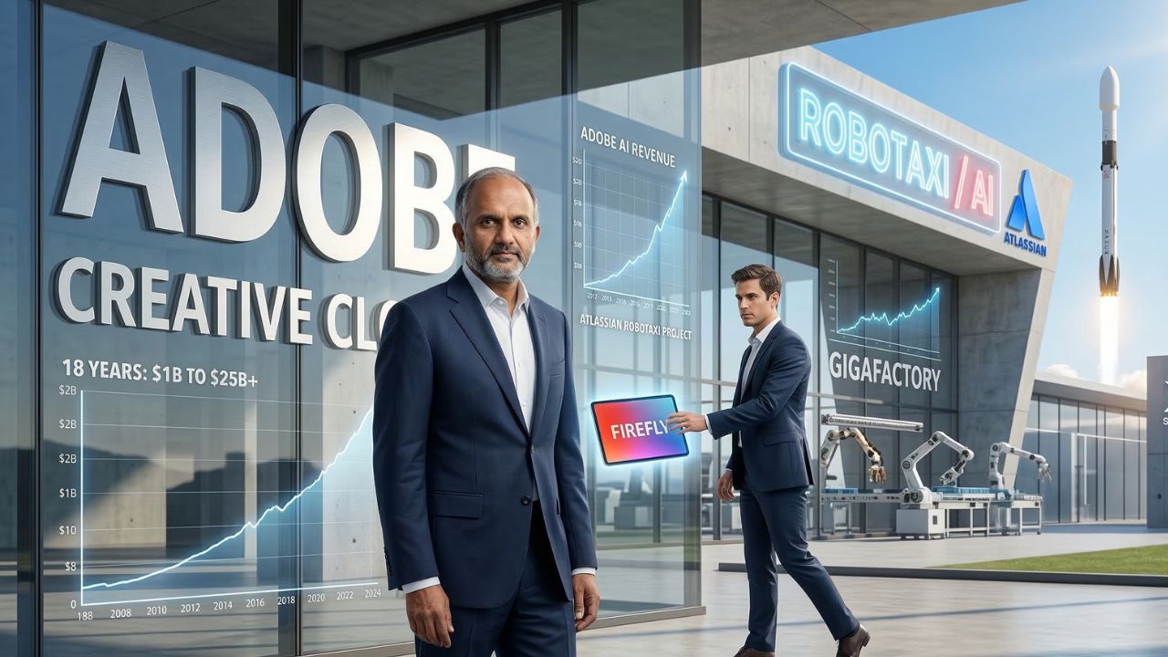 Adobe CEO Shantanu Narayen leaning against a digital backdrop of cloud analytics